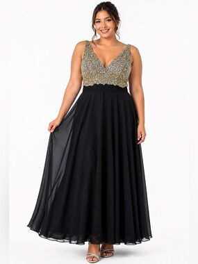 Y2K Babydoll Aspeed Dress XL Black Rhinestone V Neck Chiffon Ball Gown